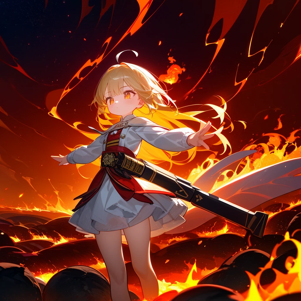 1 girl, smooth, breathing electricity, combustion, เสื้อผ้าที่ถูกelectricityไหม้, scold, Ahoge, Beige hair, colorful hair, electricity, เปลวelectricity, flaming sword, (shake hands), stand, long hair,  Pyroginesis, expressionless, smoke, flower(mark),  alone, ประกายelectricity, sunset, twilight, white flower, Molten rock, Lilly (flower),  fiery flower, depth of field, combustion ,