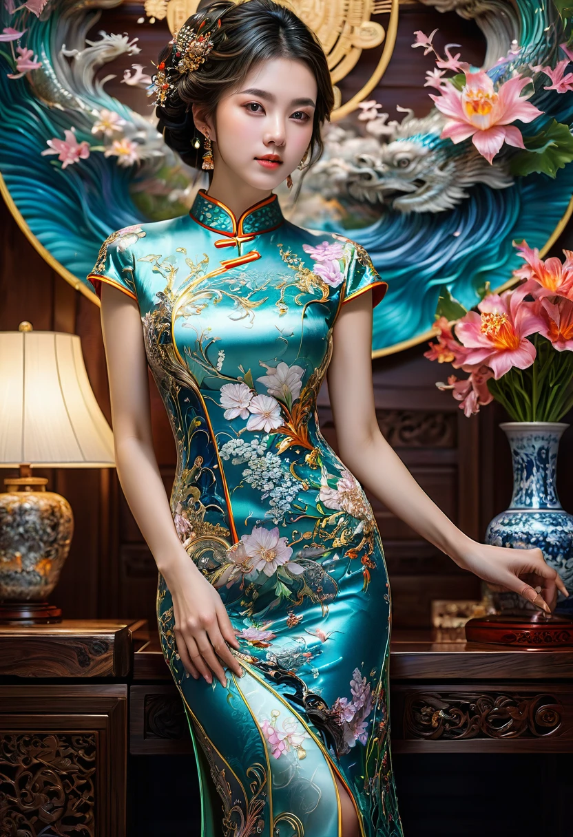 Cheongsam, fullbody, by James Balog, RAW photo, 35mm photograph, bokeh, best quality, masterpiece, very aesthetic, perfect composition, intricate details, ultra-detailed