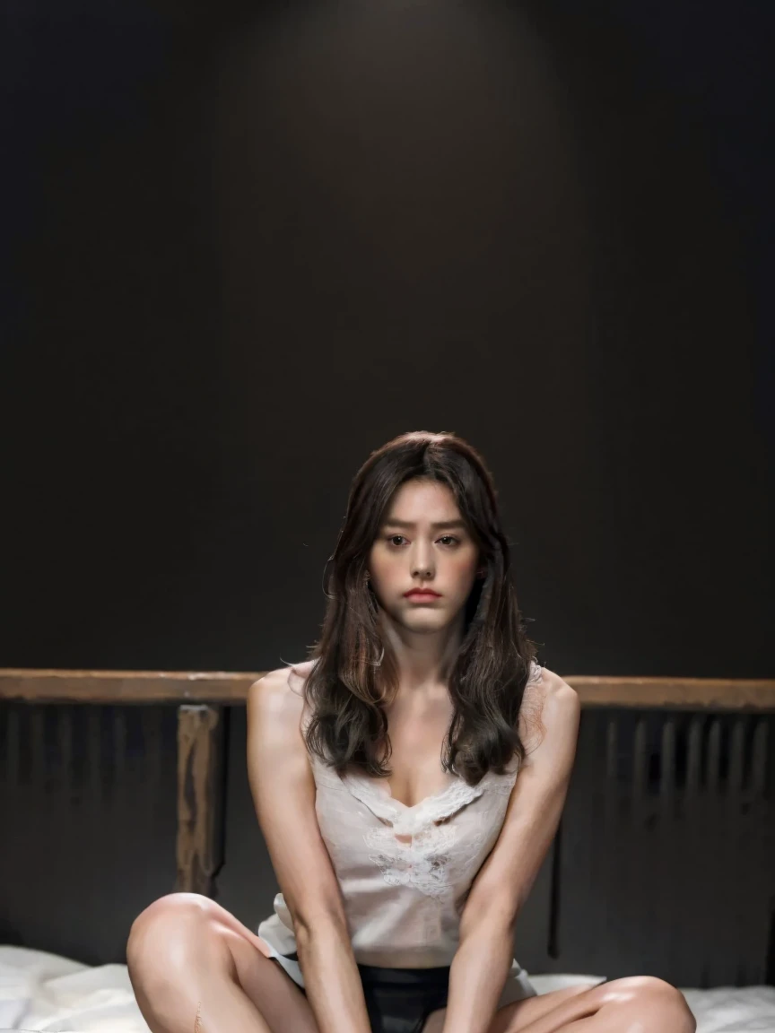 ((highest quality, 8K, Raw photo, masterpiece :1.3)), (realistic、Photoreal:1.37)、Super detailed、ultra high resolution, (professional lighting), alone, 1 female, alone, (30 years old), Japanese, Beautiful and dense face, shining eyes, brown eyes, (Thin:Weight 1.0) , Fine and beautiful skin, skin texture, , hairstyle: medium straight brown hair, girl,alone,Highly detailed beautiful face and eyes,looking at the viewer, (White Clock Top Shirt, Black microskirt, white lace underwear) ,(torture chamber, prison:1.5), bondage, bed,bondage, bound,(outstretched arm:1.3), bound arms, bound legs, bound wrists, breast bondage, (spread your legs,bound thighs:1.5), (liar, behind:1.5),cowboy shot, (anger:0.9),(frown:1.4), (embarrassing,blush:1.3)