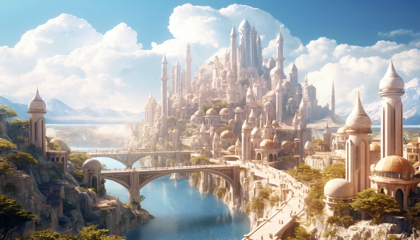 there is a castle on a hill with a bridge over it, beautiful render of a fairytale, fantasy capital city, fantasy cityscape, fantasy city background, matte painting in fantasy style, fantasy city, fantasy matte painting,cute, epic castle with tall spires, in fantasy sci - fi city, impressive fantasy landscape, futuristic castle, realistic fantasy render, medieval fantasy landscape, fantasy architecture