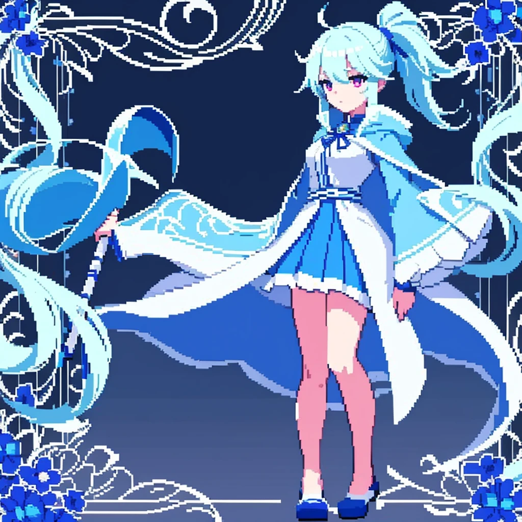 pixel art, full body, facing left (important), bright blue and white, holding a large scythe, magical girl, long ponytail, ribbon, loose clothing, cloak. Hair color: soft, pale blue hair. Eye color: pink eyes. Clothes: Clothes based on white and blue. She wears a blue cloak over a white shirt. She is wearing a blue miniskirt. Accessories: Blue flower decoration on the right side of the hair. Weapon: A sickle with blue and white decoration.Young middle school student、Jump、The cloak is divided into three pieces