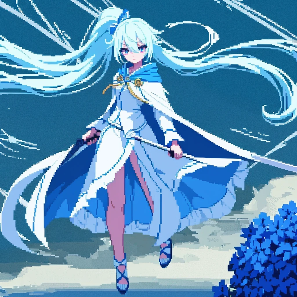 pixel art, full body, facing left (important), bright blue and white, holding a large scythe, magical girl, long ponytail, ribbon, loose clothing, cloak. Hair color: soft, pale blue hair. Eye color: pink eyes. Clothes: Clothes based on white and blue. She wears a blue cloak over a white shirt. She is wearing a blue miniskirt. Accessories: Blue flower decoration on the right side of the hair. Weapon: A sickle with blue and white decoration.Young middle school student、Jump、The cloak is divided into three pieces