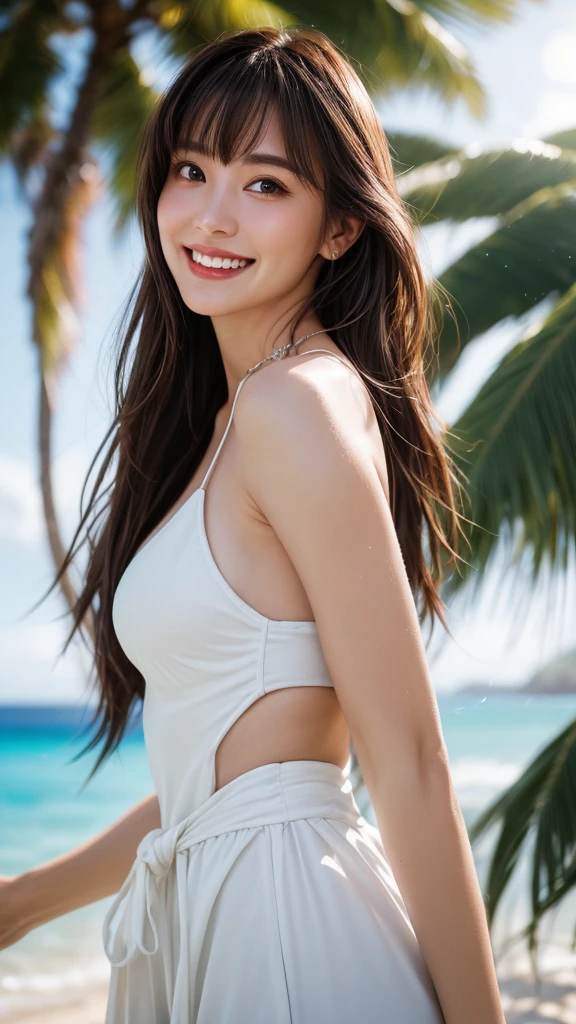 (highest quality、8K、32k、masterpiece)、(RAW Photos)、(Realistic)、(High resolution)、Very detailed、Very beautiful face and eyes、1girl,White Bikini、Simple silver necklace、Hawaii Beaches、Palm tree、blue sky、cloud、summer、(Composition from the waist up), (Shiny Hair, Shiny skin), (Background blur), (Shallow depth of field),Eye Reflexes, (Smile and laugh:1.2),bangs、Hair in the wind、Backlight:1.2、Shortcuts、Brown Hair:1.2,Facing forward:1.3