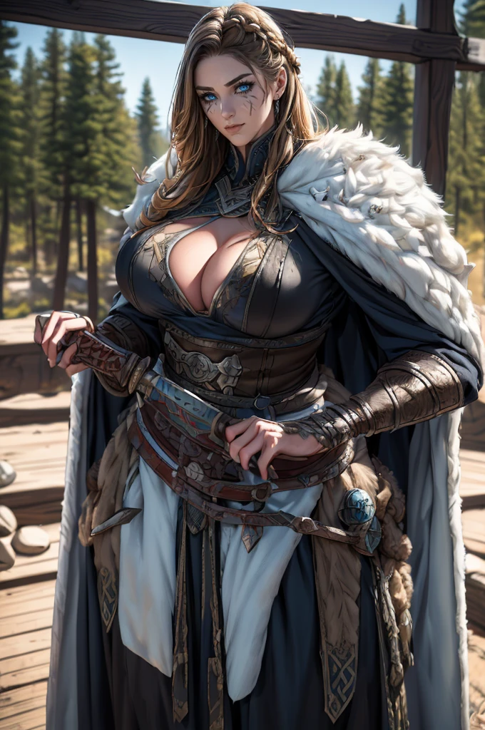 (Viking berserker norse Woman Post-Battle stance:1.2), (upper Body Framed:1.4), (detailed Runic Steel Sword:1.3), (detailed fur cloak:1.3), (Weathered detailed Runed Armor:1.4), (Skyrim-Inspired:1.3), (Viking-inspired Netflix series:1.1), (detailed piercing Ice-Blue Eyes:1.2), (detailed perfect (mature :1.4) Dirty battle-darkened face), (detailed real skin), (detailed highlight Long Messy Braided Hair:1.2), (Snow-Capped Mountains:1.0), (Pine Forest Background:1.0), (Rising Sun:1.1), (Winter Color Palette:1.2), (Camera Framing Battle Aftermath:1.2), (DSLR:1.1), (Sharp Focus:1.2), (Film Grain:1.1), (8K UHD Resolution:1.1), (High Definition Range:1.2), (Trending on Unsplash:1.0),
