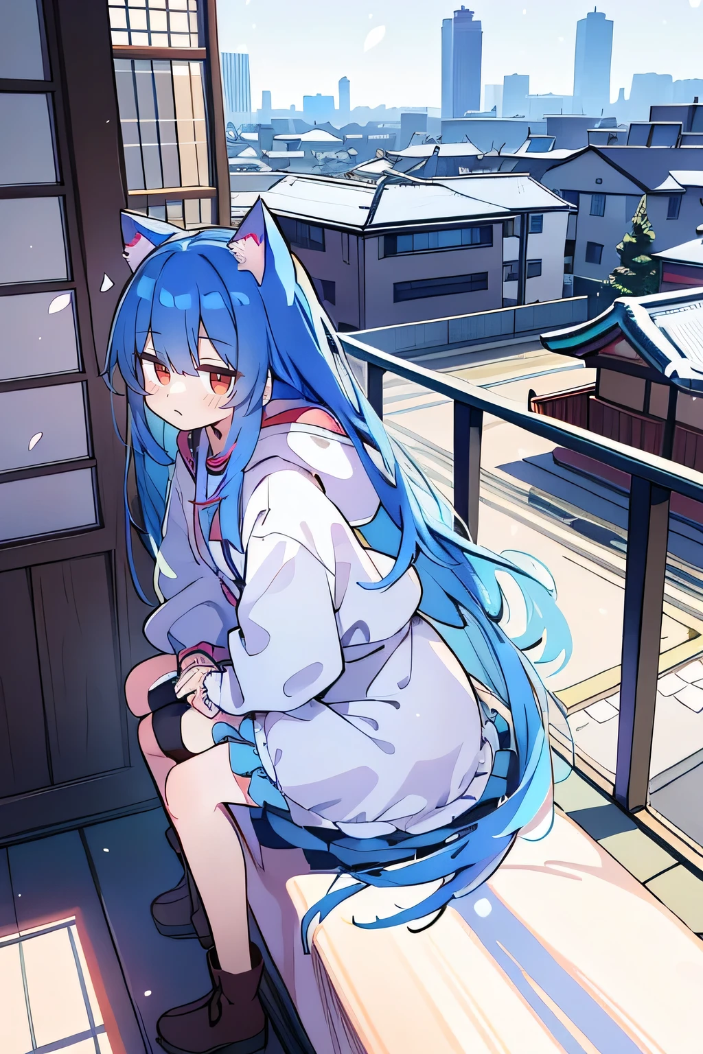 (masterpiece:1.2),Super detailed,lifelike,Expressive eyes,fair skin,perfect face shape,1 girl,
Japanese comics,Gorgeous blue hair,flowing blue hair,flowing clothes,Cat ears,Petals fall,beautiful lola,Baby Angel,
Cross your legs,Gentle and peaceful background,The pavilion is cool and comfortable,smile, wearing hoodie, background of tokyo,back views,snowing, winter.