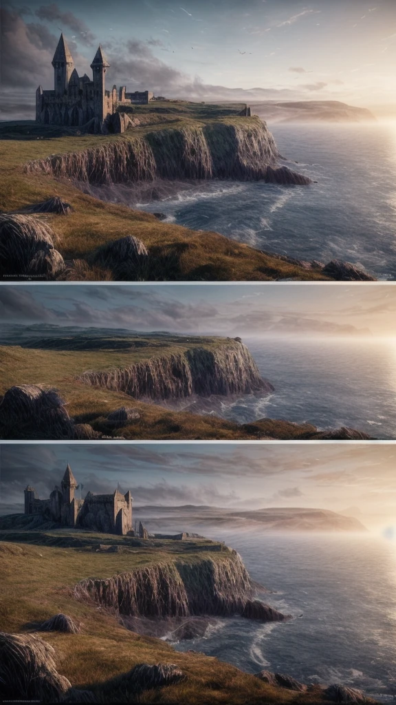 2 medieval warriors ::0.4 travelling on a cliff to a background castle , view of a coast line landscape , English coastline, Irish coastline, scottish coastline, perspective, folklore, King Arthur, Lord of the Rings, Game of Thrones. Photographic, Photography, photorealistic, concept art, Artstation trending , cinematic lighting, cinematic composition, rule of thirds , ultra-detailed, dusk sky , low contrast, natural lighting, fog, realistic, light fogged, detailed, atmosphere hyperrealistic , volumetric light, ultra photoreal, | 35mm| , Matte painting, movie concept art, hyper-detailed, insanely detailed, corona render, octane render, 8k, --ar 3:1 --no blur