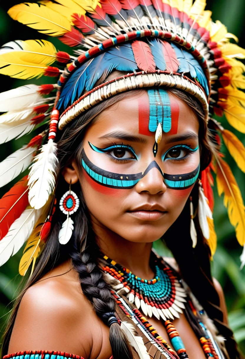 a close up of a wearing a native american headdress, a photo colored by Robert Jacobsen, tumblr, Sumatraism, Amazonian Indian villages in Brazil, Beautiful costume, inka harpy girl, tribal style, native american, tribal face paint, Indigenous, beautiful young wind spirit, girl with feathers, tribal makeup, tribal face paints, Traditional beauty