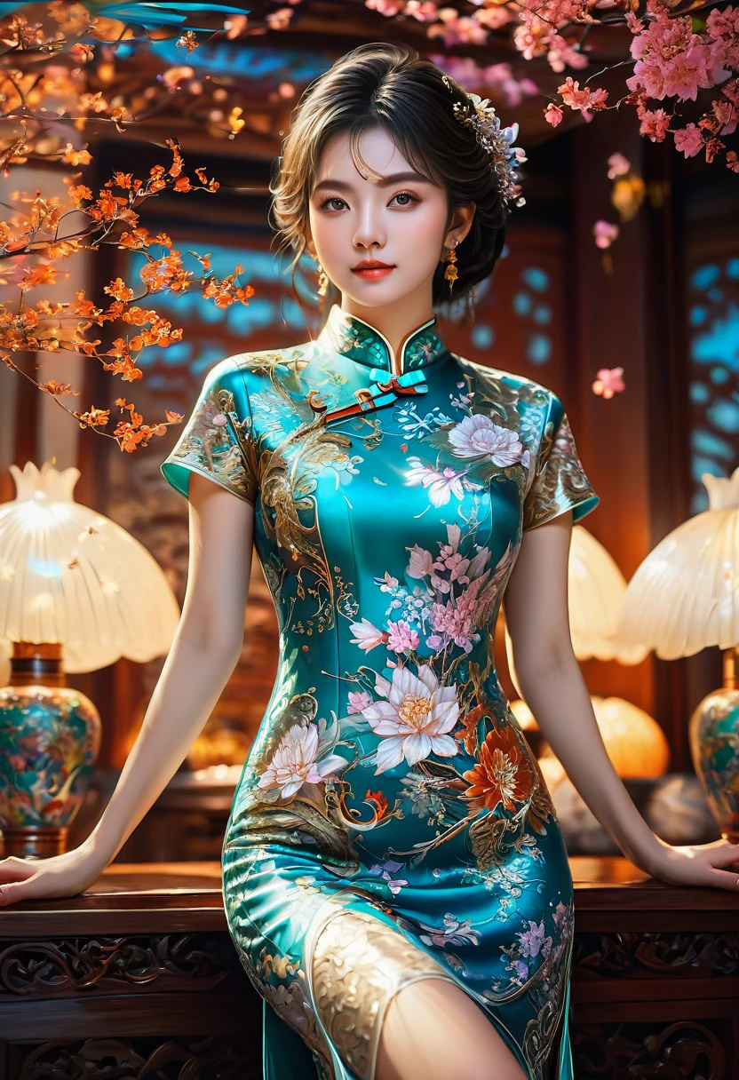 Cheongsam, fullbody, by Oliver Sin, RAW photo, 35mm photograph, bokeh, best quality, masterpiece, very aesthetic, perfect composition, intricate details, ultra-detailed