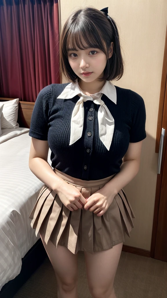 masterpiece, best quality, illustration, Super detailed, fine details, High resolution, 8K,wall paper, perfect dynamic composition,(Details High quality, realistic depiction of eyes:1.3), standing, (collared shirt:1.1), pleated skirt, short bob hair、black hair color, Big Natural Color Lip, bold y pose, crying a little、Harajuku style、acrobatic pose, 20 year old girl、cute type、lolautiful legs, hotel room, gravure idol, Voluptuous thighs, huge breasts, xpose it