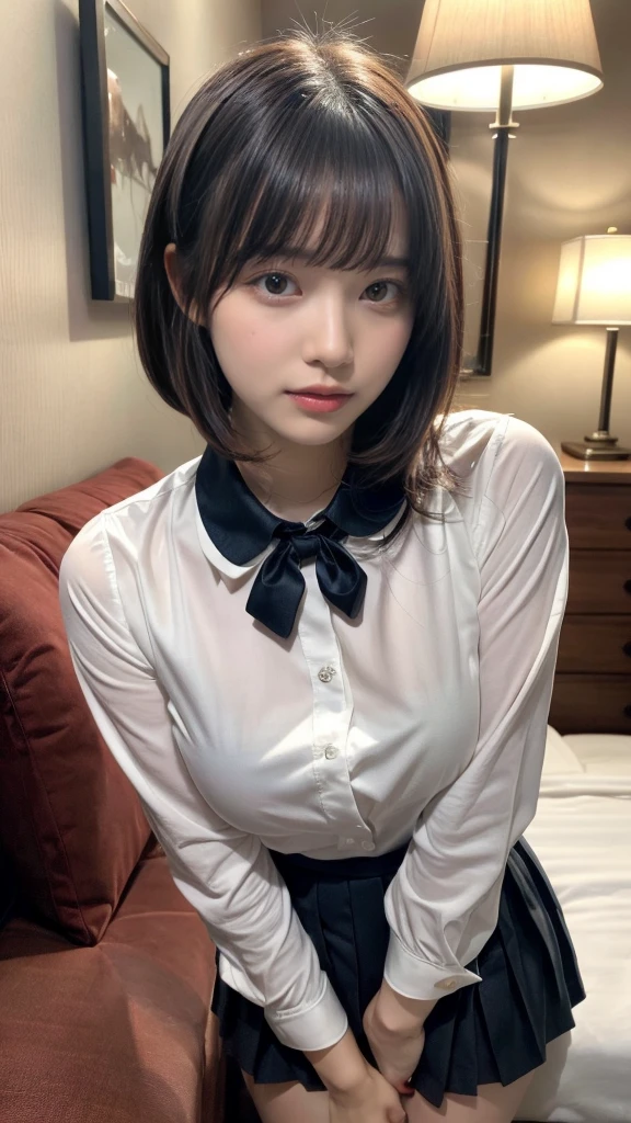 masterpiece, best quality, illustration, Super detailed, fine details, High resolution, 8K,wall paper, perfect dynamic composition,(Details High quality, realistic depiction of eyes:1.3), standing, (collared shirt:1.1), pleated skirt, short bob hair、black hair color, Big Natural Color Lip, bold sexy pose, crying a little、Harajuku style、acrobatic pose, 20 year old girl、cute type、lolita、beautiful legs, hotel room, gravure idol, Voluptuous thighs, huge breasts, Don't expose it