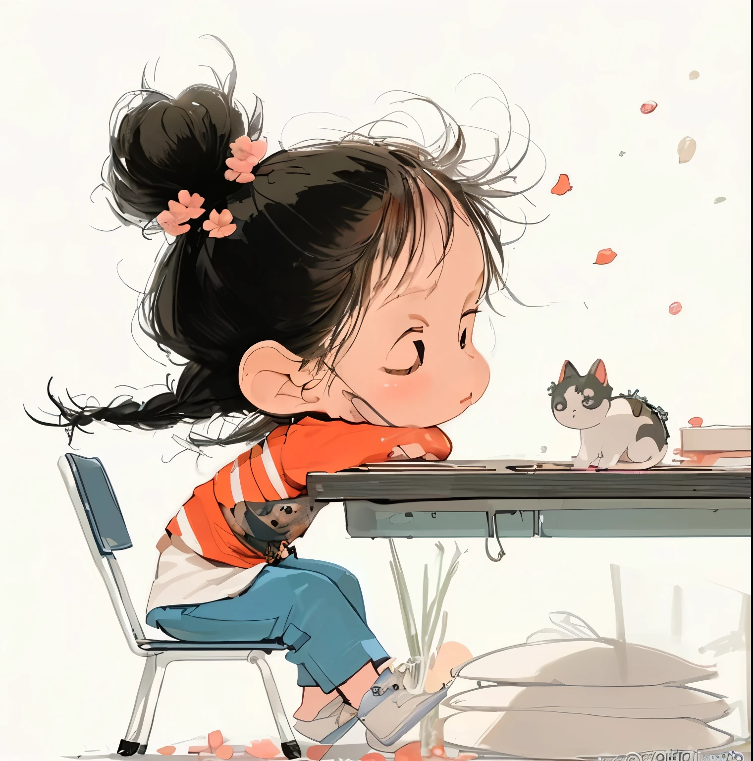 Cartoon girl kneeling down looking at a cat with a bird on its head, author:Ni Duan, by Qu Leilei, author:Li Song, author:Qian Xuan, author艾轩, author Miao Fu, author:Ye Xin, by Li Fangying, by Liang Kai, by Li Mei-shu, author:Cold plum, Cute illustrations