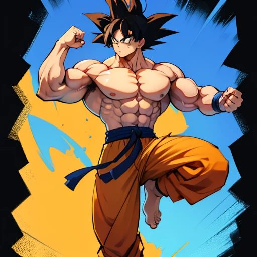 (A detailed drawing of goku, Bodybuilding-Fitnessstudio.),Anime picture, With bare upper body, the strongest of all, huge muscular body, Big Bizeps, large shoulders, muscle legs,abs, barefoot, Martial arts, Kick with foot, Full body image, Rear view, side chest, crunch, beserk, barefoot, sole of the foot , Toes, in anime style