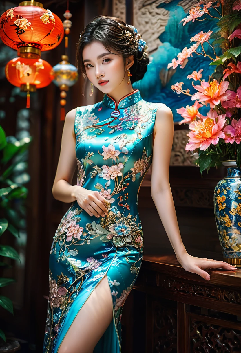 Cheongsam, fullbody, by Glaslorne, RAW photo, 35mm photograph, bokeh, best quality, masterpiece, very aesthetic, perfect composition, intricate details, ultra-detailed