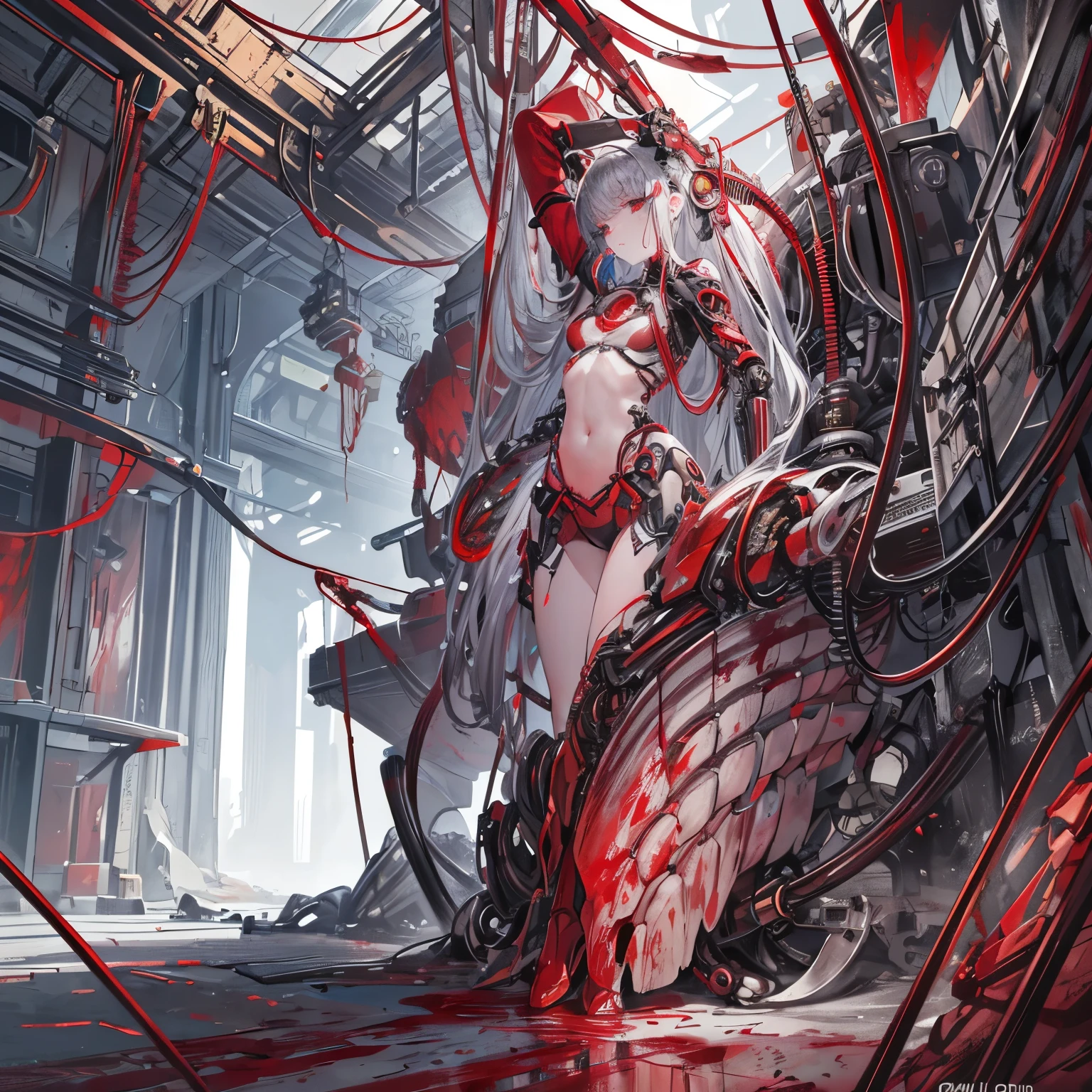 (((masterpiece))), ((best quality)), (Super Detail), (CG Illustrations), (So beautiful)), light, ((1. Mechanical Girl)), single, (Mechanical Art: 1.4), ((Mechanical limbs)), (Blood vessel attached to a tube), ((A mechanical spine attached to the back)), ((Mechanical cervical vertebra attached to the neck), (Return to the audience)), Poker face, ( Wires and cables connecting the head and torso: 1.5), Science Fiction, Revelation, remains, (Lower body integrated with the mechanism), (Blood: 1.5), cruel, Disorganized, , Integration with machines, end, Super Future, inorganic, Research Room, constraint, (Beautiful luxury: 1.2), (1 girl: 1.3), A body wrapped in mechanical tentacles