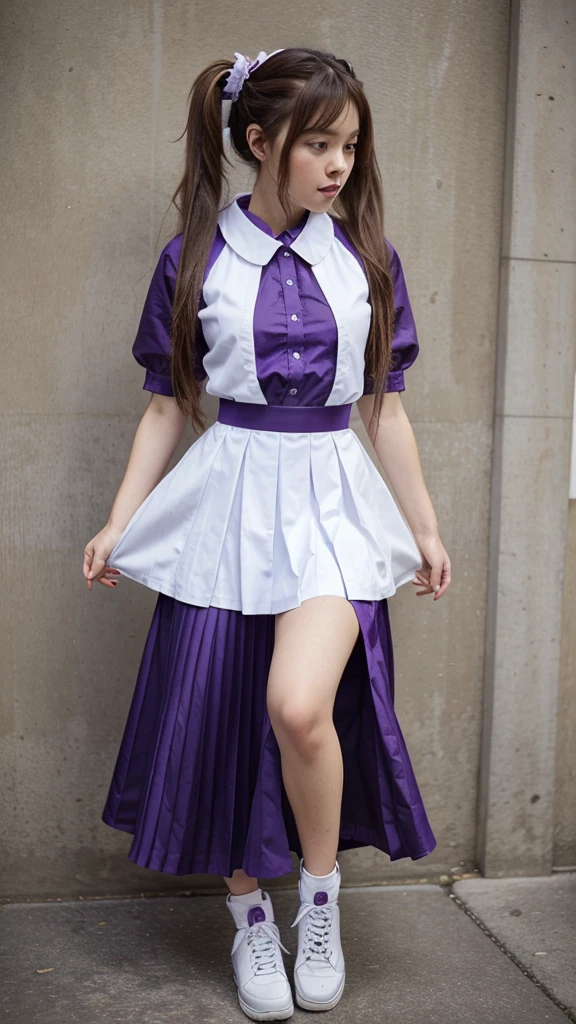 ((masterpiece, best quality))1girl, solo, fashion purple dress modern future, electric guitar, headphones, ponytail, holding, holding plectrum, instrument, very very long brown hair, music, one side up, teal hair, twin tails, playing guiter, pleated long skirt fashion, fashion cosplay japan dress modern purple and white, interior, full body, purple, sit down in retro classic chair, walking, jumping, beautiful boot modern, background japan city,  fashion costume cosplay japan modern, execited, dance, jumping, running, fighting