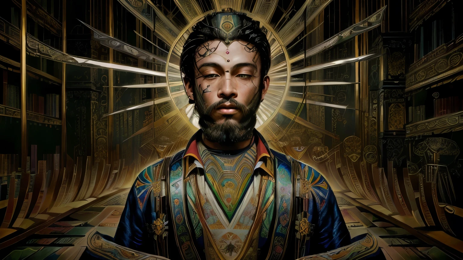 painting of a man with a beard and a ray of sunlight on his face, e Mumford and alex grey style, zen méditation cyberpunk, spiritual lighting, lighting. intricate, lighting, fairey shepherd style, sunlit, inspired by Kaigetsudo Anchi, the buddha, sua mente contemplando a eternidade, ( ( ( ( ( e Mumford ) ) ) ) )