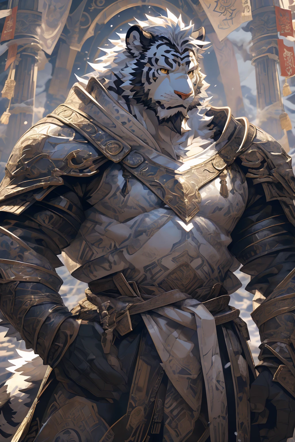 (White skintiger),(黑白阴阳Military commander战袍),(Holding a long sword),(Awesome posture),Standing quietly in,(The background is a city covered with ice and snow:1.2),(Abdominal muscles),Heroic飒爽,完美的masterpiece,Various facial details,Close-up view,specific description,masterpiece,(cg),(Golden Eyes),Black and white pattern,Black and white tail,Military commander,Heroic,tiger,Black and white fur,Detailed facial details,Half Body,(黑白阴阳Military commander战履),(Long feather),((middle aged)),(Face Focus),(16K),(HD),Black and white abdomen,temple,beard,(Face lines),(Heterochromia,),(Black and white yin and yang battle robe),(Black and white hair),(Strong:1.2),(muscle:1.3),(high resolution:1.3),(Standing in front of a city covered in snow),(Close up),(Detailed face:1.5),Perfect details,(Half Body),(Detailed depiction of the face:1.5),(Zoom in on the face:1.5),(白色Face lines:1.2),(黑色beard:1.3),(White face:1.6),(White body),(White skin,black strips:1.3),(White cheeks:1.5),(The skin color of the face is white:1.3),cg