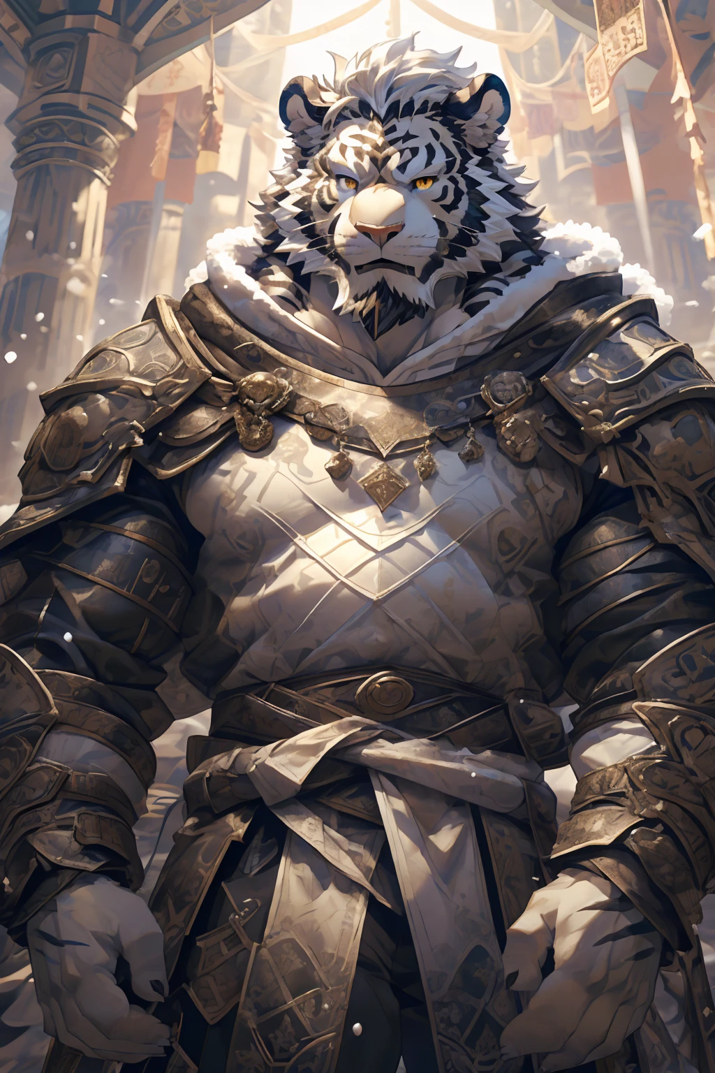 (White skintiger),(黑白阴阳Military commander战袍),(Holding a long sword),(Awesome posture),Standing quietly in,(The background is a city covered with ice and snow:1.2),(Abdominal muscles),Heroic飒爽,完美的masterpiece,Various facial details,Close-up view,specific description,masterpiece,(cg),(Golden Eyes),Black and white pattern,Black and white tail,Military commander,Heroic,tiger,Black and white fur,Detailed facial details,Half Body,(黑白阴阳Military commander战履),(Long feather),((middle aged)),(Face Focus),(16K),(HD),Black and white abdomen,temple,beard,(Face lines),(Heterochromia,),(Black and white yin and yang battle robe),(Black and white hair),(Strong:1.2),(muscle:1.3),(high resolution:1.3),(Standing in front of a city covered in snow),(Close up),(Detailed face:1.5),Perfect details,(Half Body),(Detailed depiction of the face:1.5),(Zoom in on the face:1.5),(白色Face lines:1.2),(黑色beard:1.3),(White face:1.6),(White body),(White skin,black strips:1.3),(White cheeks:1.5),(The skin color of the face is white:1.3),cg