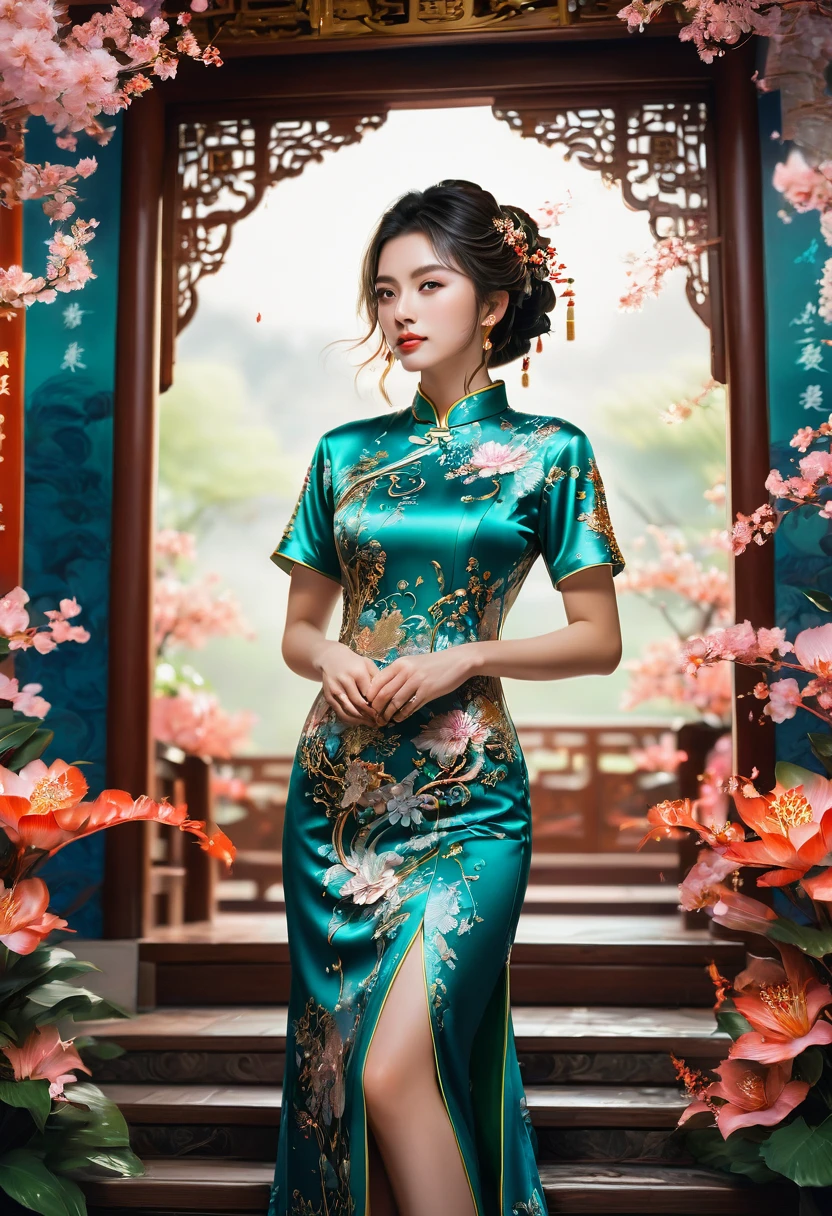 Cheongsam, fullbody, by Alyssa Lazer, RAW photo, 35mm photograph, bokeh, best quality, masterpiece, very aesthetic, perfect composition, intricate details, ultra-detailed