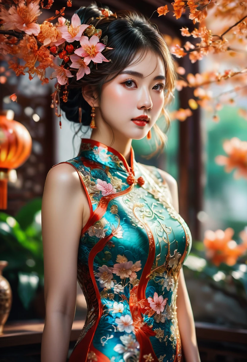 Cheongsam, fullbody, by Alyssa Lazer, RAW photo, 35mm photograph, bokeh, best quality, masterpiece, very aesthetic, perfect composition, intricate details, ultra-detailed