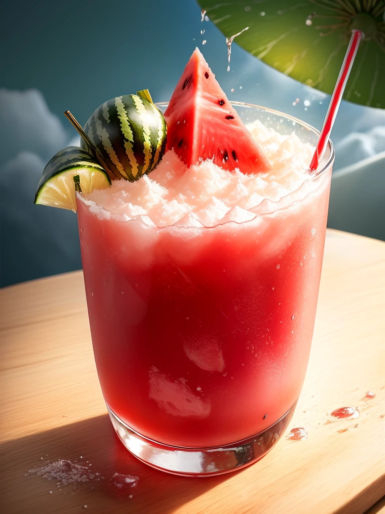there is a glass of watermelon with water splashing on it, watermeloncore, slush)), cold drink, Hyper-realistic food pictures, amazing food photography, professional fruit photography, food photography, high quality food photography, watermelon, Refreshing, ❤🔥🍄🌪, High-speed photography, The material is!!! watermelon!!!, watermelons, slush