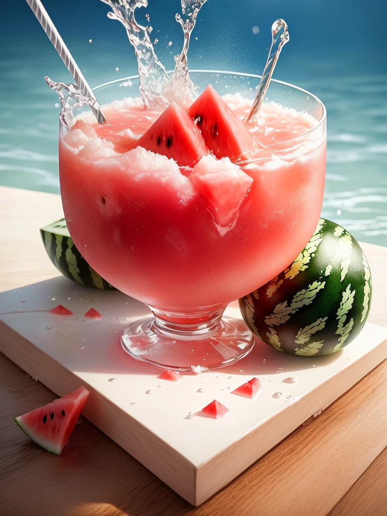 there is a glass of watermelon with water splashing on it, watermeloncore, slush)), cold drink, Hyper-realistic food pictures, amazing food photography, professional fruit photography, food photography, high quality food photography, watermelon, Refreshing, ❤🔥🍄🌪, High-speed photography, The material is!!! watermelon!!!, watermelons, slush