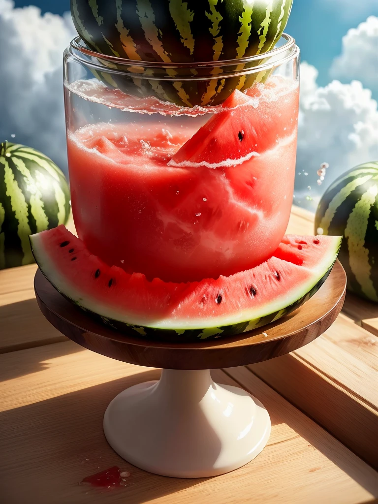 there is a glass of watermelon with water splashing on it, watermeloncore, slush)), cold drink, Hyper-realistic food pictures, amazing food photography, professional fruit photography, food photography, high quality food photography, watermelon, Refreshing, ❤🔥🍄🌪, High-speed photography, The material is!!! watermelon!!!, watermelons, slush