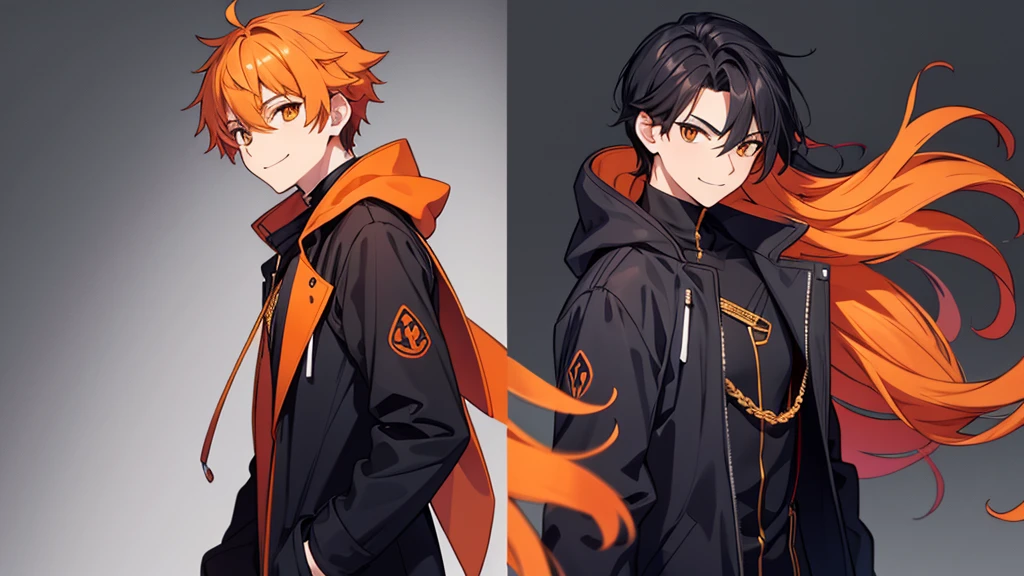 Black hair color Orange hair color Eyes are orange Handsome male male性 cool Black coat Looking forward The background is a simple color 1 person smiling whole body