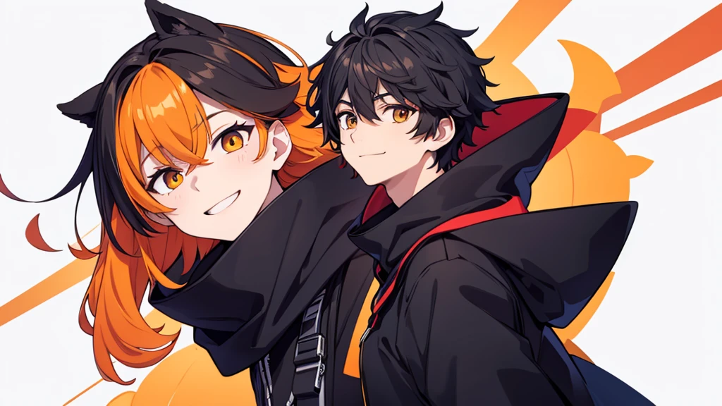 Black hair color Orange hair color Eyes are orange Handsome male male性 cool Black coat Looking forward The background is a simple color 1 person smiling whole body