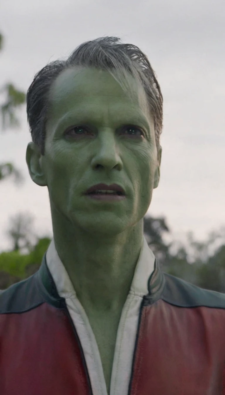 A 40-year-old man, (((wearing a red blouse))), (((((alien green skin))))), (((full dark sclera eyes))), thin chin, (((white hair))) with a high quiff and back with gel and short sides, thin nose, garden in the background