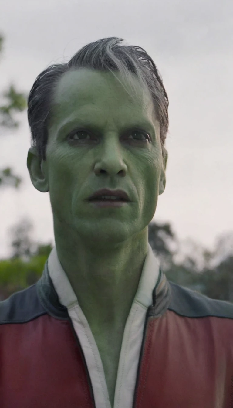 A 40-year-old man, (((wearing a red blouse))), (((((alien green skin))))), (((full dark sclera eyes))), thin chin, (((white hair))) with a high quiff and back with gel and short sides, thin nose, garden in the background