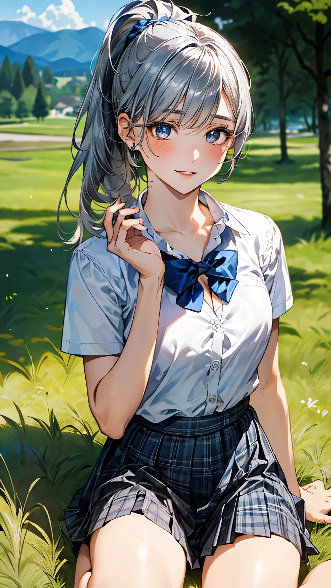 (masterpiece:1.3, top-quality, ultra high res, ultra detailed), (realistic, photorealistic:1.4), beautiful illustration, perfect lighting, natural lighting, colorful, depth of fields, ,
beautiful detailed hair, beautiful detailed face, beautiful detailed eyes, beautiful clavicle, beautiful body, beautiful chest, beautiful thigh, beautiful legs, beautiful fingers, shiny skin,
looking at viewer, 1 girl, high school girl, (perfect anatomy, anatomically correct, super detailed skin), cute and symmetrical face, babyface, perfect face, perfect eyes, ,
(middle hair, ponytail, silver hair), crossed bangs, blue eyes, slant eyes, big eyes, long eye lasher, (medium breasts, seductive thighs), slender, skin dendation,
detailed cloth texture, light blue collared shirt, blue bow tie, grey plaid pleated skirt:1.2, black hair chouchou,
(beautiful scenery), summer, evening, (grassland:1.2), kneeling, (lovely smile, upper eyes, parted lips),