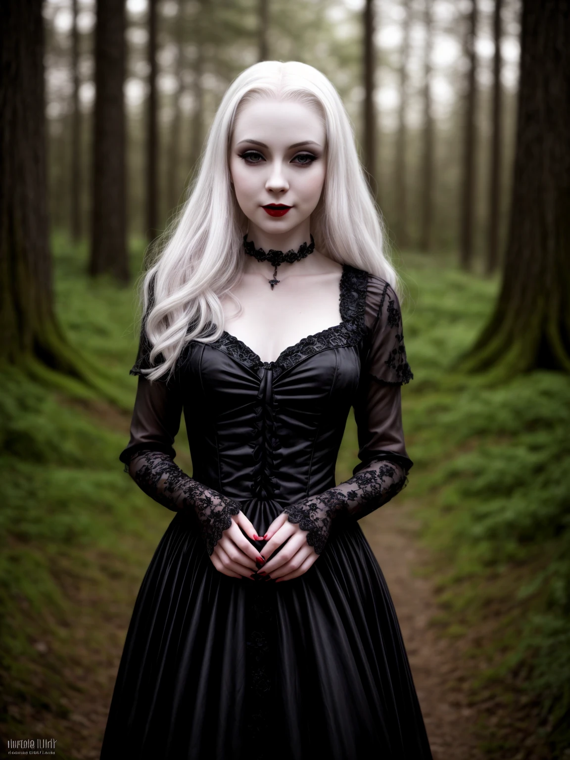 female vampire|albino, pale porcelain skin, vintage black dress, smile, shallow depth of field, grin|creepy, nightfall, detailed face, night, wide hips, narrow waist, portrait of woman standing, detailed eyes, portrait of woman standing, 8k RAW photo, highest quality, looking at the viewer, best shadow, intricate details, long hair, bright eyes, forest, grave, gothic, goth detailed, highres, high qualilty, high saturation