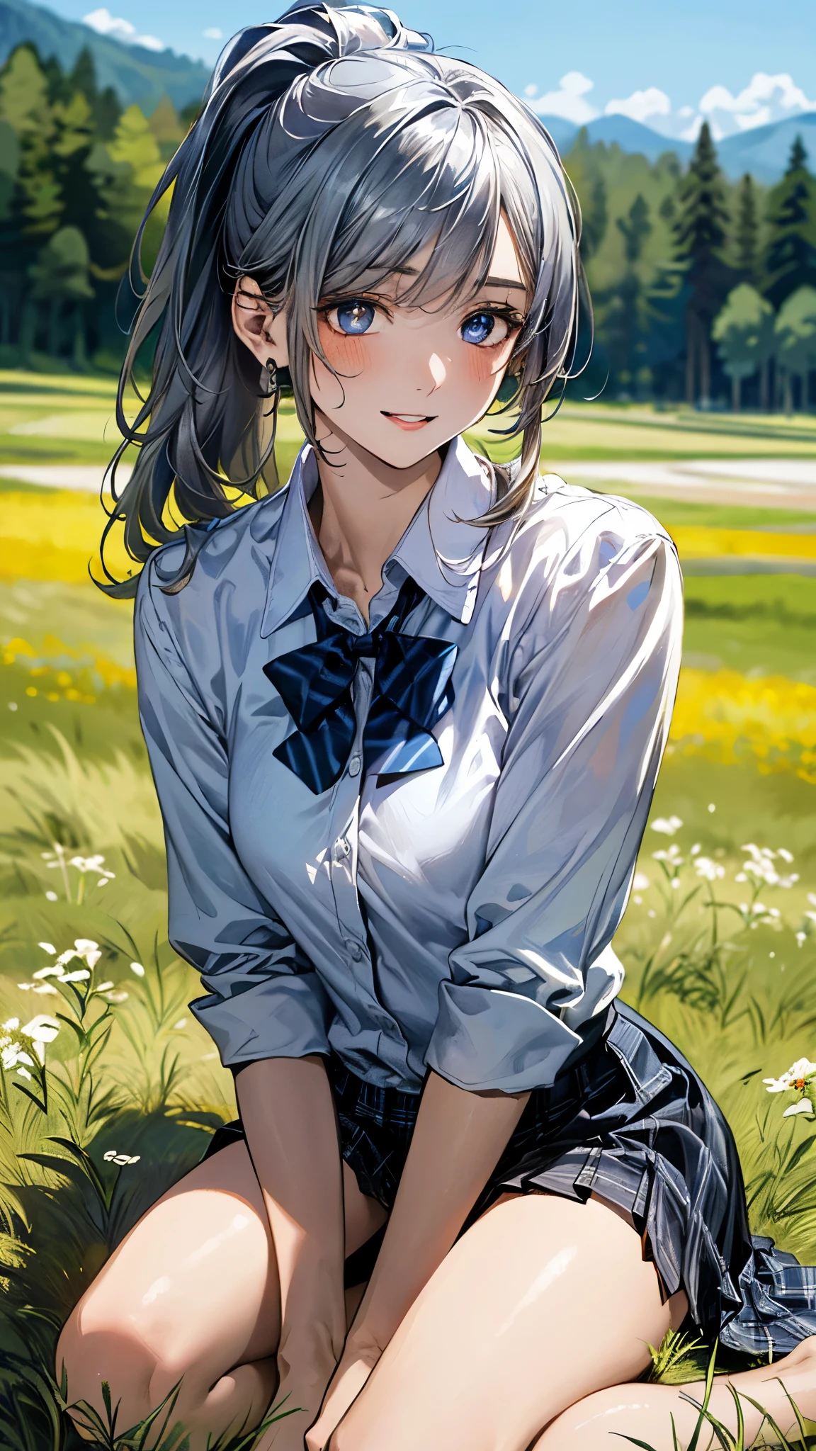 (masterpiece:1.3, top-quality, ultra high res, ultra detailed), (realistic, photorealistic:1.4), beautiful illustration, perfect lighting, natural lighting, colorful, depth of fields, ,
beautiful detailed hair, beautiful detailed face, beautiful detailed eyes, beautiful clavicle, beautiful body, beautiful chest, beautiful thigh, beautiful legs, beautiful fingers, shiny skin,
looking at viewer, 1 girl, high school girl, (perfect anatomy, anatomically correct, super detailed skin), cute and symmetrical face, babyface, perfect face, perfect eyes, ,
(middle hair, ponytail, silver hair), crossed bangs, blue eyes, slant eyes, big eyes, long eye lasher, (medium breasts, seductive thighs), slender, skin dendation,
detailed cloth texture, light blue collared shirt, blue bow tie, grey plaid pleated skirt:1.2, black hair chouchou,
(beautiful scenery), summer, evening, (grassland:1.2), kneeling, (lovely smile, upper eyes, parted lips),
