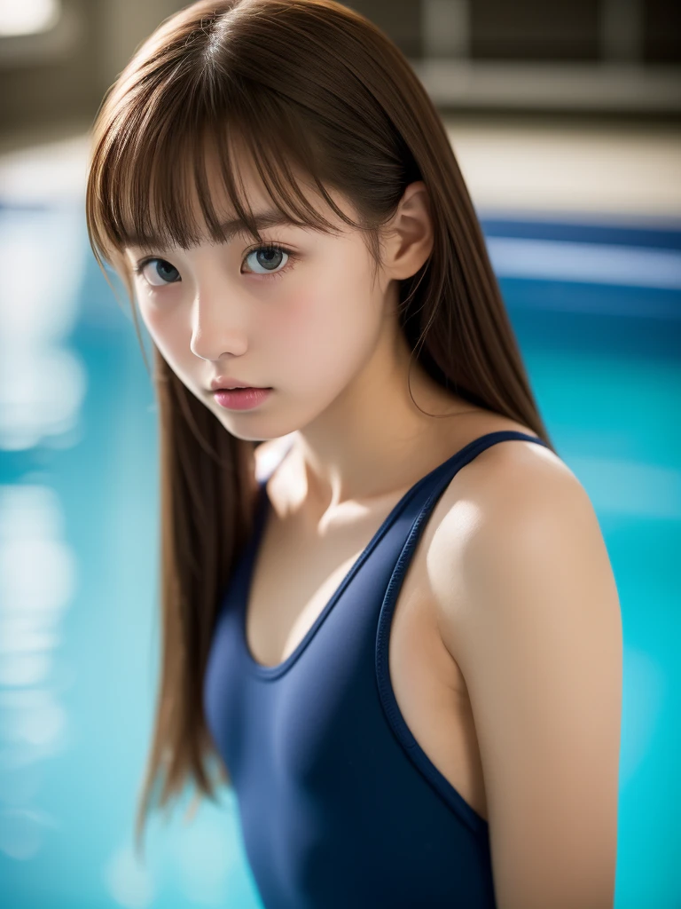 Dreamy atmosphere, High Contrast, Ultra Sharp, Studio shot、Upper body portrait、Angle from below、(navy school swimsuit :1.2), (small breasts), Focus on the chest、Slim Body Enhancement、Realistic、Realistic、Highly detailed cute girl、alone、18-year-old、Japanese、Melancholic expression, Brown Hair、Medium long cut hair, Pool for background、Out of focus、Blur、