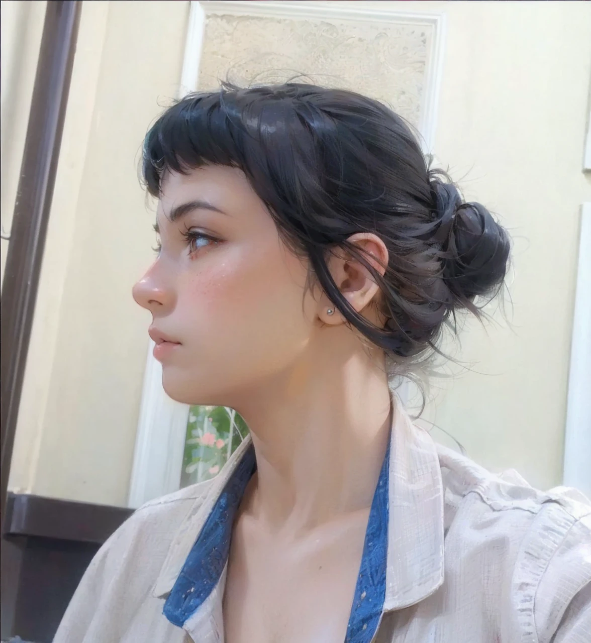 a beautiful anime girl, dark black hair, long hair, short straight bangs, shoulder-length hair, detailed facial features, best quality, masterpiece, intricate details, vivid colors, dramatic lighting, photorealistic, 8k, highly detailed, realistic, sharp focus, physically-based rendering, studio lighting, portrait