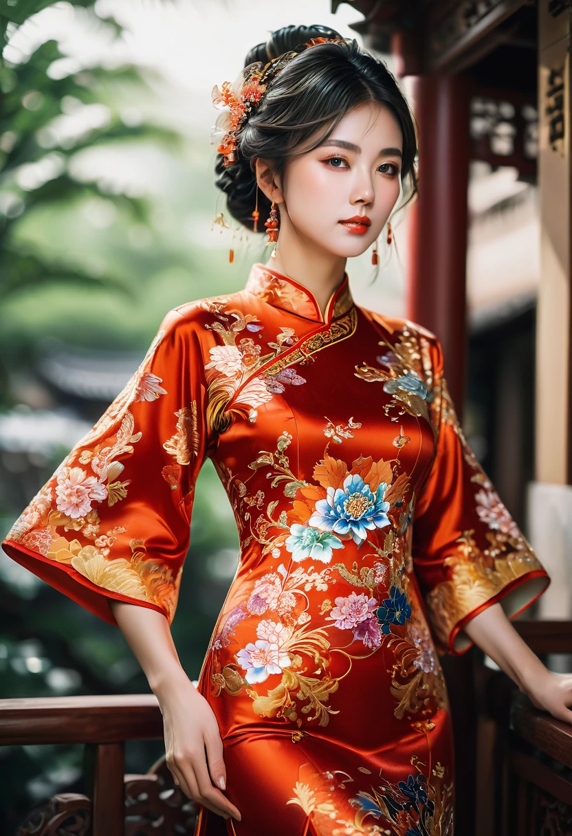 Cheongsam, fullbody, by Michael Breitung, RAW photo, 35mm photograph, bokeh, best quality, masterpiece, very aesthetic, perfect composition, intricate details, ultra-detailed