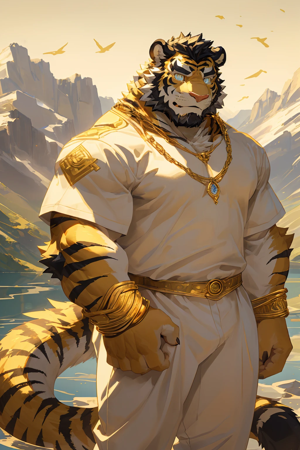 (Toned body),(White regular clothes:1.5),16k high quality detailed art,(White regular clothes:1),(Golden Tiger:1.1), (((White and golden fur:1.5))),(Duotone),(A pair of eyes of different colors, Blue and gold eyes:1.7),(Both eyes are the same size:1.4),(Muscular body:1.3),Handsome,(OK),(Perfect face),(Gold and white skin:1.3),(Full body description:1.3),Publaz, (Golden Tiger:1.1), (((Gold and white fur:1.3))),Handsome, (OK),Express,(Mountains, rivers and lakes background:1.3),(joy:1.3),(Golden Tiger tail),不同的Express,(A perfect masterpiece),(32k),(Abdominal muscles:1.3),(((middle aged:1.4))),(36 years old),(Gold Stripes),alone,(Black sideburns:1.2),(black beard:1.3),(Black Chin:1.3),(golden face pattern:1),(Very rich facial details:1.3),(Strong),(Mighty pose:1.3),Front view,(CG),(HD),(Black hair),Full body portrait,(Detailed background:1.3)