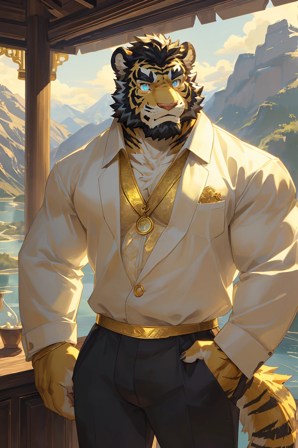 (Toned body),(White regular clothes:1.5),16k high quality detailed art,(White regular clothes:1),(Golden Tiger:1.1), (((White and golden fur:1.5))),(Duotone),(A pair of eyes of different colors, Blue and gold eyes:1.7),(Both eyes are the same size:1.4),(Muscular body:1.3),Handsome,(OK),(Perfect face),(Gold and white skin:1.3),(Full body description:1.3),Publaz, (Golden Tiger:1.1), (((Gold and white fur:1.3))),Handsome, (OK),Express,(Mountains, rivers and lakes background:1.3),(joy:1.3),(Golden Tiger tail),不同的Express,(A perfect masterpiece),(32k),(Abdominal muscles:1.3),(((middle aged:1.4))),(36 years old),(Gold Stripes),alone,(Black sideburns:1.2),(black beard:1.3),(Black Chin:1.3),(golden face pattern:1),(Very rich facial details:1.3),(Strong),(Mighty pose:1.3),Front view,(CG),(HD),(Black hair),Full body portrait,(Detailed background:1.3)