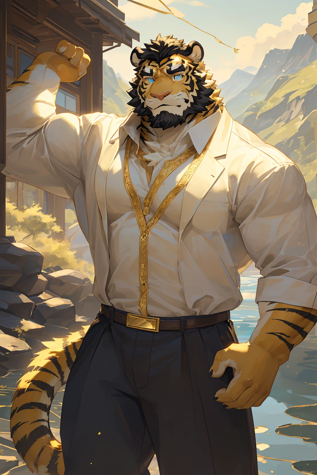 (Toned body),(White regular clothes:1.5),16k high quality detailed art,(White regular clothes:1),(Golden Tiger:1.1), (((White and golden fur:1.5))),(Duotone),(A pair of eyes of different colors, Blue and gold eyes:1.7),(Both eyes are the same size:1.4),(Muscular body:1.3),Handsome,(OK),(Perfect face),(Gold and white skin:1.3),(Full body description:1.3),Publaz, (Golden Tiger:1.1), (((Gold and white fur:1.3))),Handsome, (OK),Express,(Mountains, rivers and lakes background:1.3),(joy:1.3),(Golden Tiger tail),不同的Express,(A perfect masterpiece),(32k),(Abdominal muscles:1.3),(((middle aged:1.4))),(36 years old),(Gold Stripes),alone,(Black sideburns:1.2),(black beard:1.3),(Black Chin:1.3),(golden face pattern:1),(Very rich facial details:1.3),(Strong),(Mighty pose:1.3),Front view,(CG),(HD),(Black hair),Full body portrait,(Detailed background:1.3)