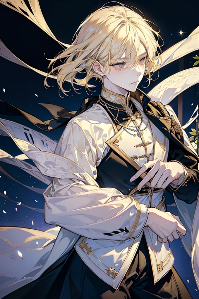 1boy, adult, solo, (((pearly blonde pearl hair))), long disheveled hair, (eyes is completely black, the white of the eye is black), pale skin, thorny vines entwine the hair, gentle delicate facial features, aristocrat's clothes, black cloak covers his head