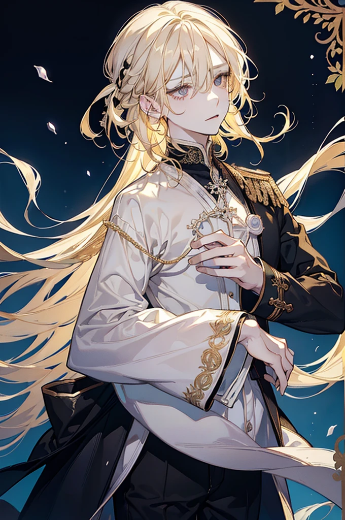 1boy, adult, solo, (((pearly blonde pearl hair))), long disheveled hair, (eyes is completely black, the white of the eye is black), pale skin, thorny vines entwine the hair, gentle delicate facial features, aristocrat's clothes, black cloak covers his head