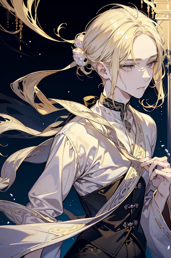 1boy, adult, solo, (((pearly blonde pearl hair))), long disheveled hair, (eyes is completely black, the white of the eye is black), pale skin, thorny vines entwine the hair, gentle delicate facial features, aristocrat's clothes, black cloak covers his head