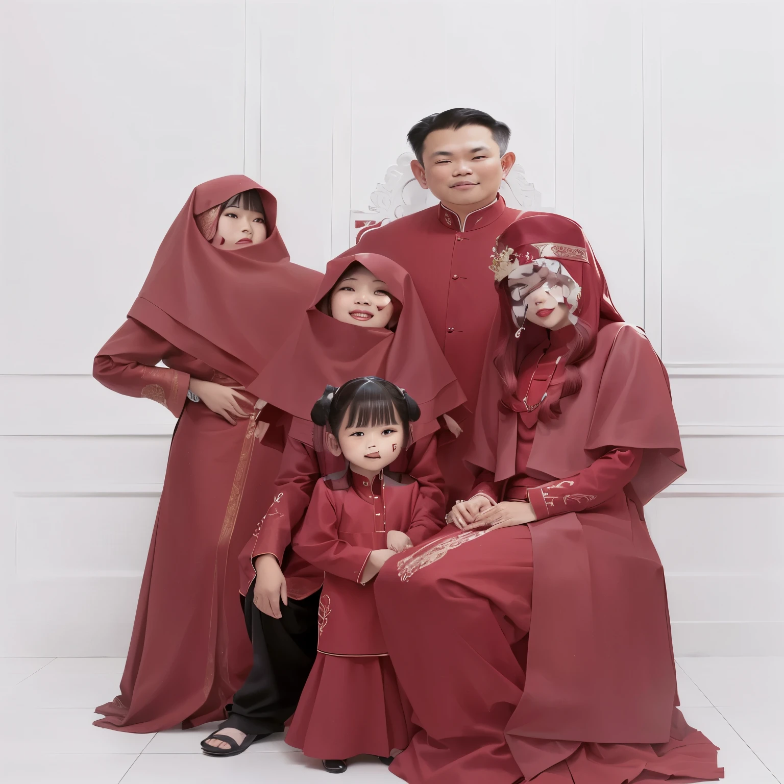 there are a group of people wearing red clothing posing for a picture, happy family, full protrait, barong family, maroon red, family portrait, an indonesian family portrait, emir, family photography, family photo, maroon, fullbody or portrait, portrait full body, full body photogenic shot, dull red, classic portrait, portrait n - 9, protrait