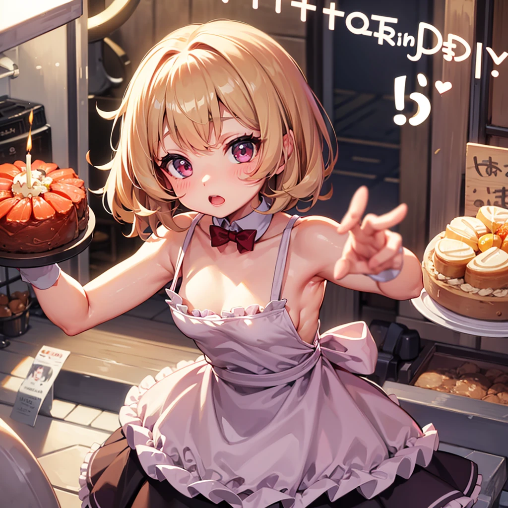 aggressive、Bangedium Hair、girl、Light Hair Color、Small Mouth、Small Nose、Big Breasts、Chubby、birthday、apron