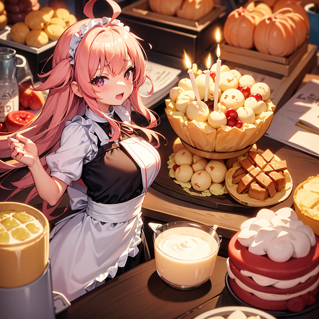 aggressive、Bangedium Hair、girl、Light Hair Color、Small Mouth、Small Nose、Big Breasts、Chubby、birthday、apron