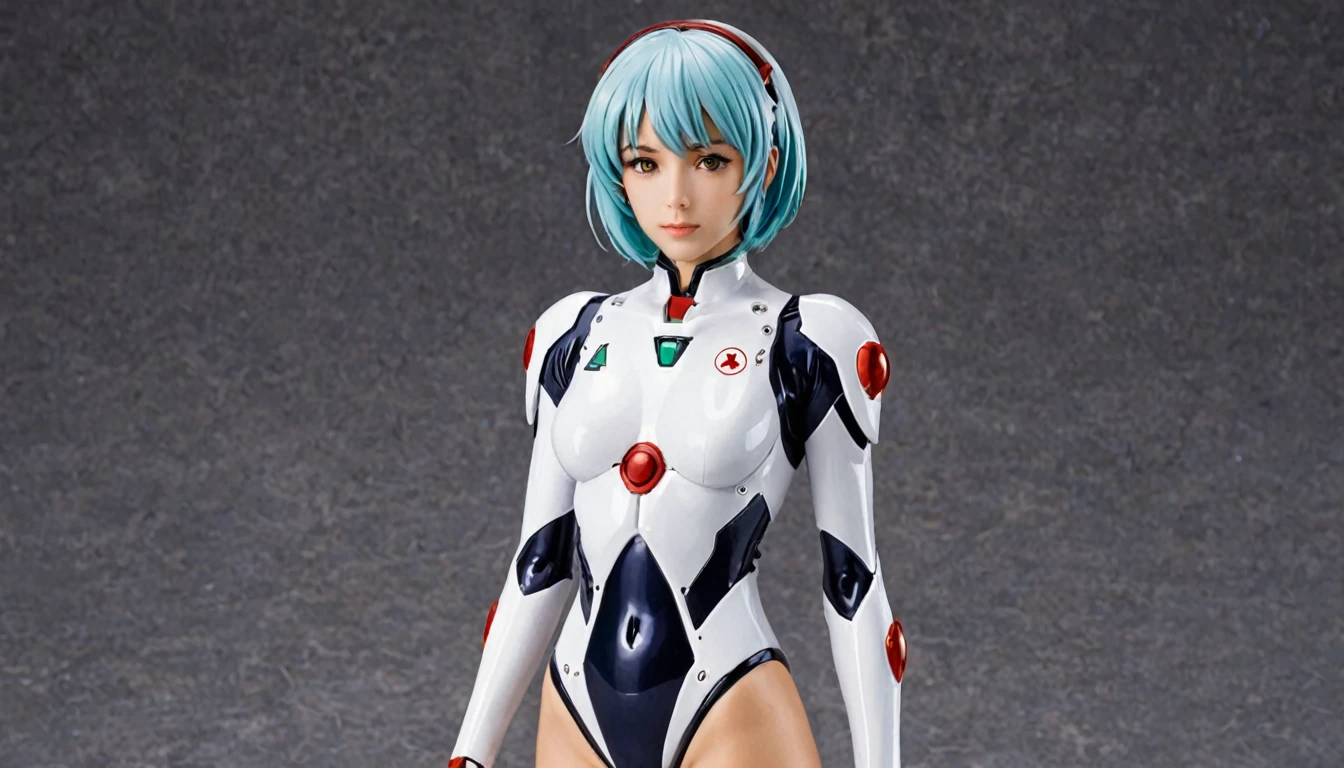 Rei Ayanami from Neon Genesis Evangelion, Beautiful Japanese Teenager, White suit, Real Girls, She&#39;s in a super futuristic military hangar, masterpiece, Super detailed, Realistic, Cinema Lighting 