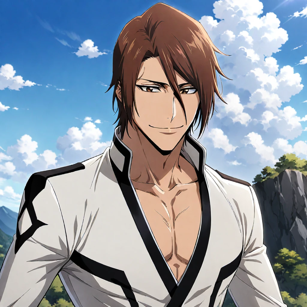 1boy aizen sosuke from bleach, male focus, solo, jacket, sky, brown eyes, black hair, brown hair, day, collarbone, cloud, upper body, blue sky, closed mouth, smile, white jacket, ((medium quality)), ((medium quality))