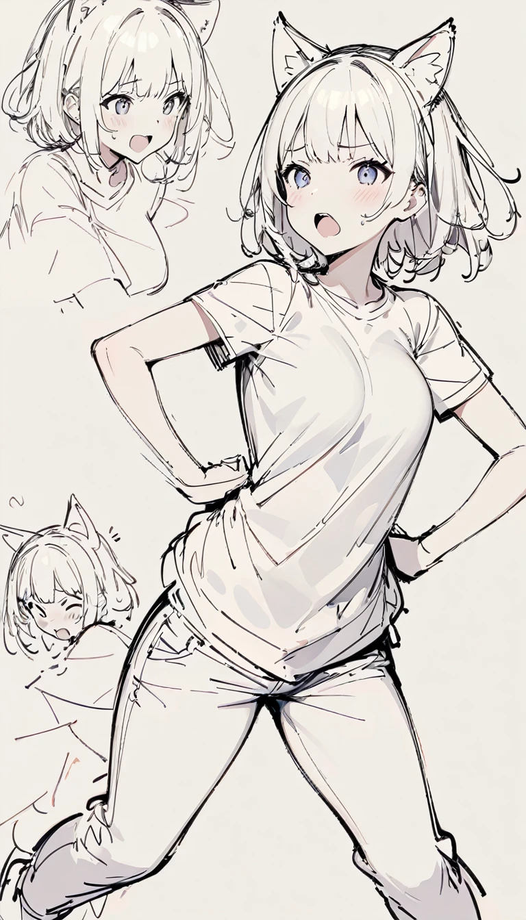 Big cat ears headband ,White simple t-shirt, Simple jeans,(((Dynamic pose))),((Open mouth expression)) , ((masterpiece)),(((Highest quality))),((((sketch)))),((Monochrome)), 1 girl,