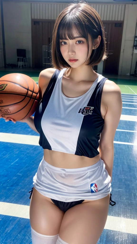 muster piece, best quality, illustration, Super detailed, fine details, High resolution, 8K,wall paper, perfect dynamic composition,(Details High quality, realistic depiction of eyes:1.3), (highest quality), (High resolution), (very delicate and beautiful),(Beautiful 8K face), (NBA),(basketball sportswear),(play basketball),(reality), huge breasts, ((gymnasium)), very short hair, black hair color, Big Natural Color Lip, bold sexy pose, perfect body shape, crying a little、 Harajuku style、20 year old girl、cute type、ta, hposing Gravure Idol, full body photo、focus on crotch、thighs exposed
